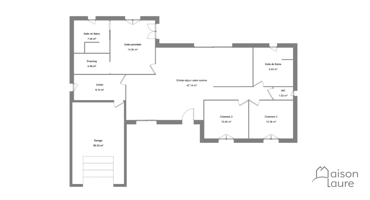 plan de maison de plain-pied, 2 chambres plus une suite parentale