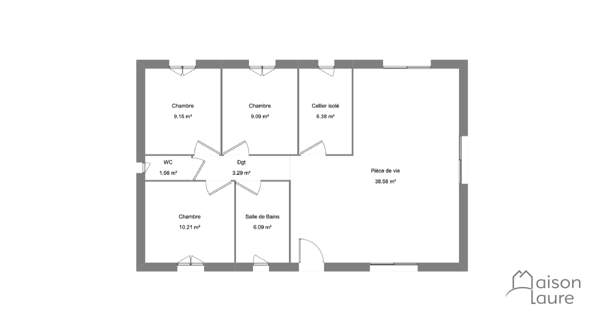 plan de maison de plain-pied, 2 chambres