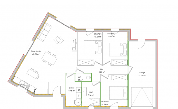 plan intérieur superbe maison 3 chambres.